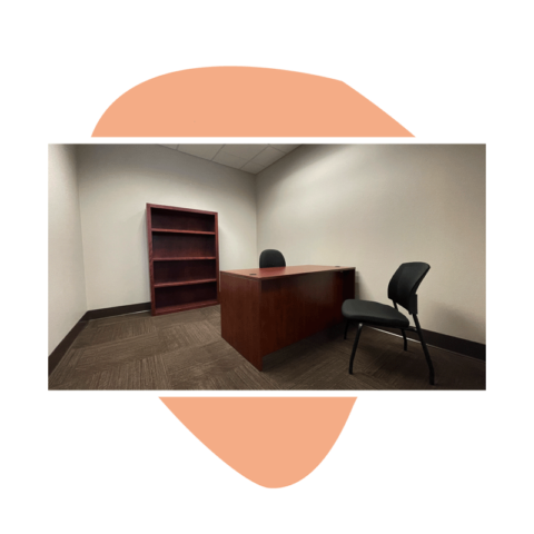 A single person office with a desk, chair for meetings, and bookcase for storage.