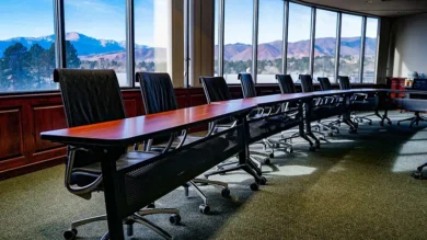 Ponderosa conference room photo with a mountain view backdrop.