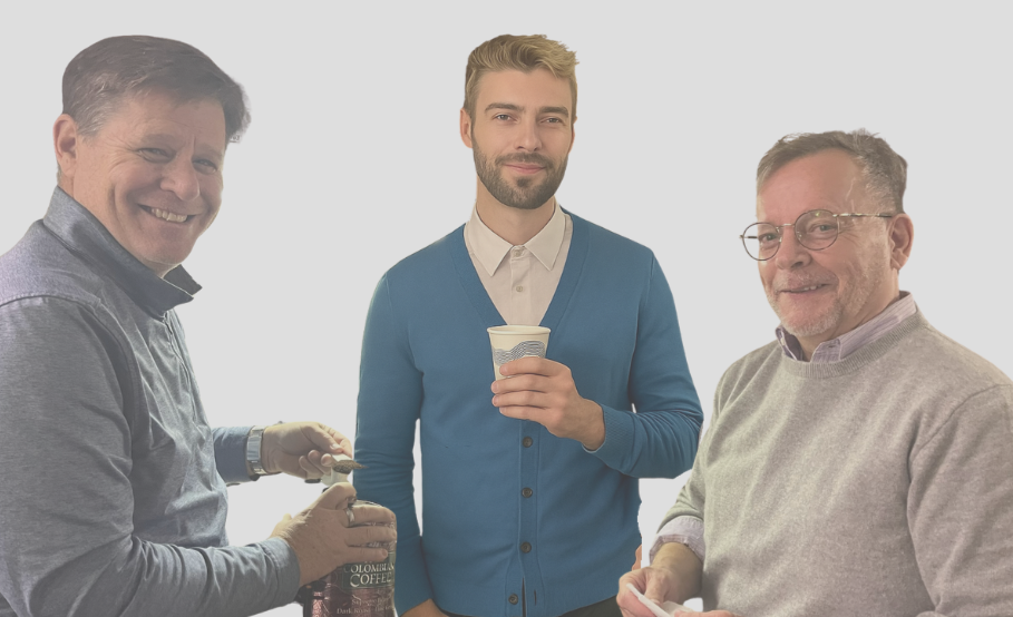 Dirk, Sean, & Fran around the coffee pot
